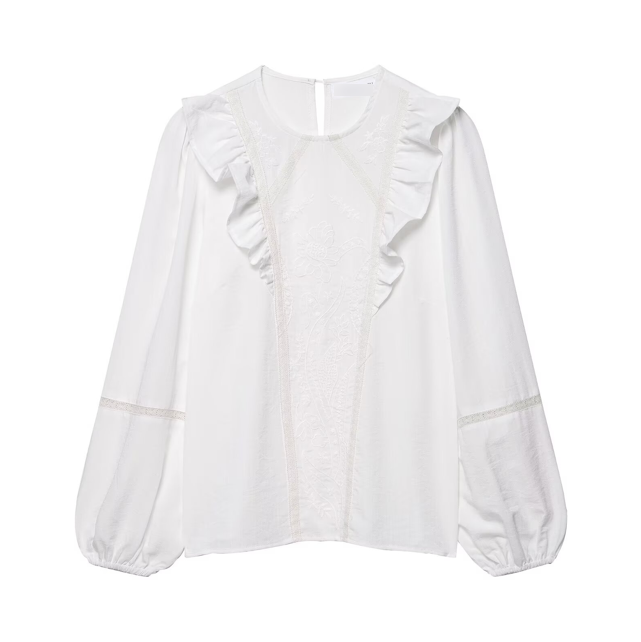 Women Clothing Solid Color Floral Embroidered Shirt