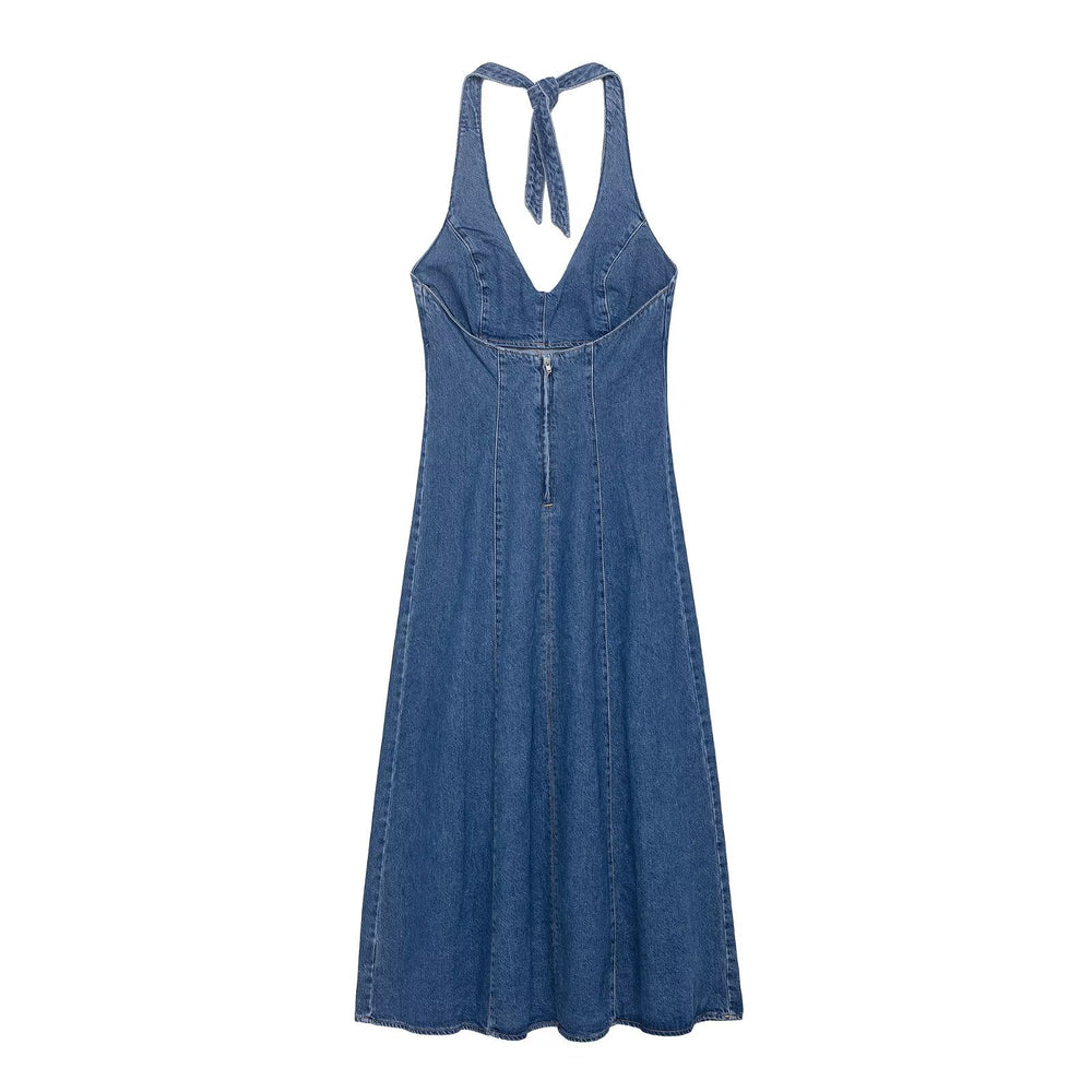 Women Clothing Autumn Halter V Neck Denim Dress