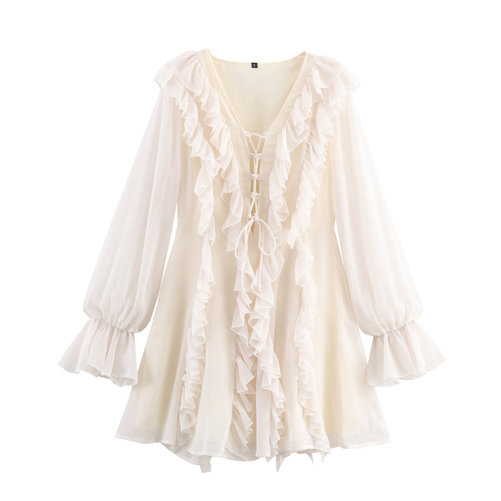 Elegant Women Clothing V neck Chiffon Multi Layer Ruffled Dress