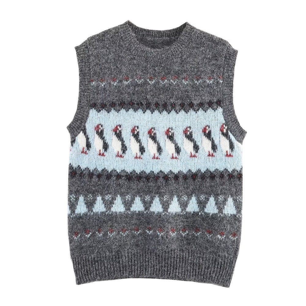 Women Clothing Autumn Korean Outerwear Bandage Floral Decorations round Neck Knitted Vest Top