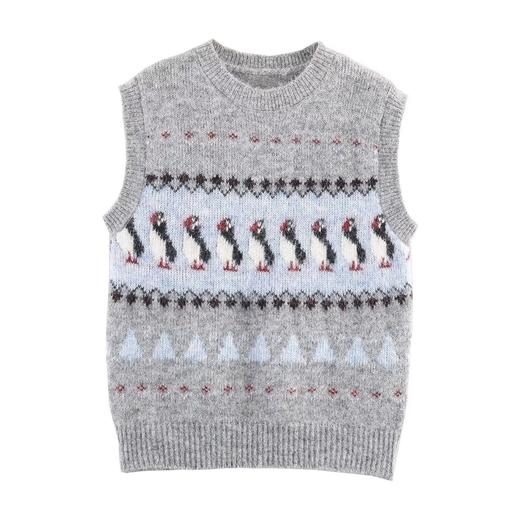 Women Clothing Autumn Korean Outerwear Bandage Floral Decorations round Neck Knitted Vest Top