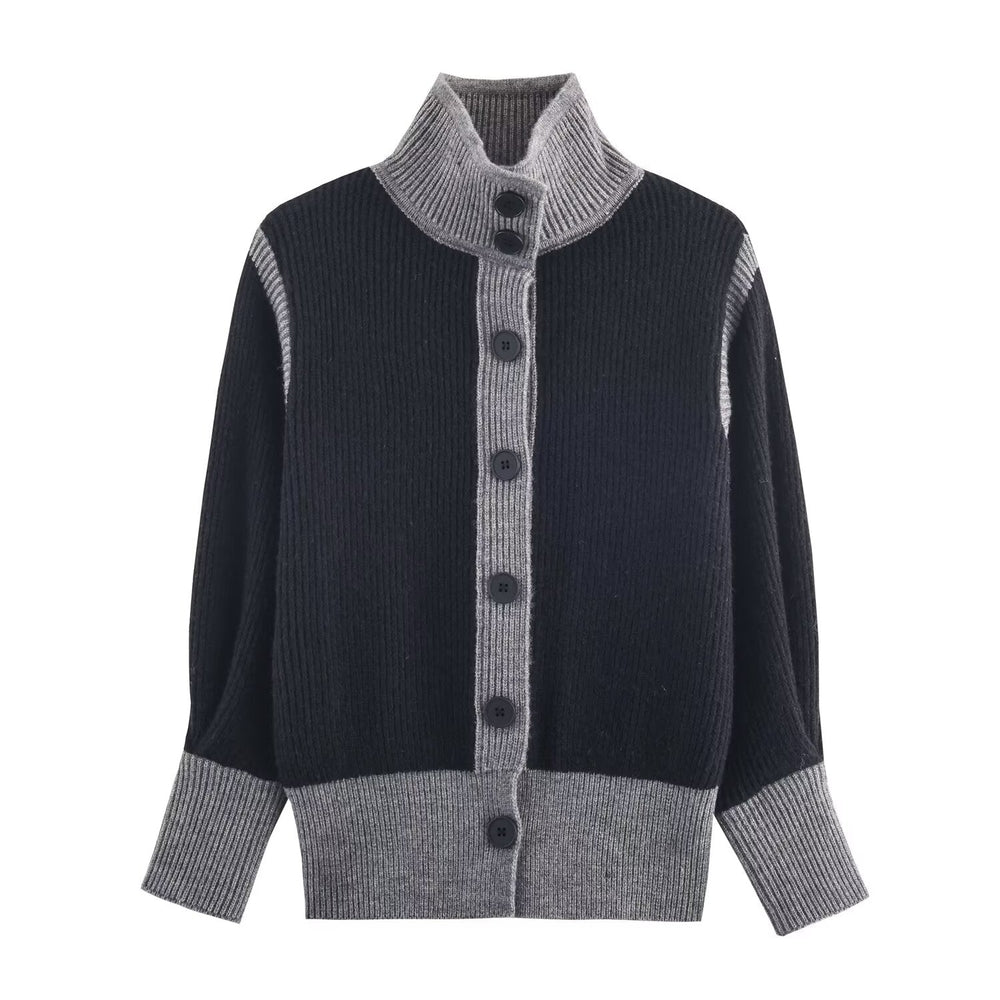 Autumn Women Casual Loose All Matching Color Stitching Knitted Cardigan
