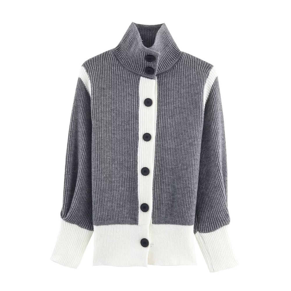 Autumn Women Casual Loose All Matching Color Stitching Knitted Cardigan