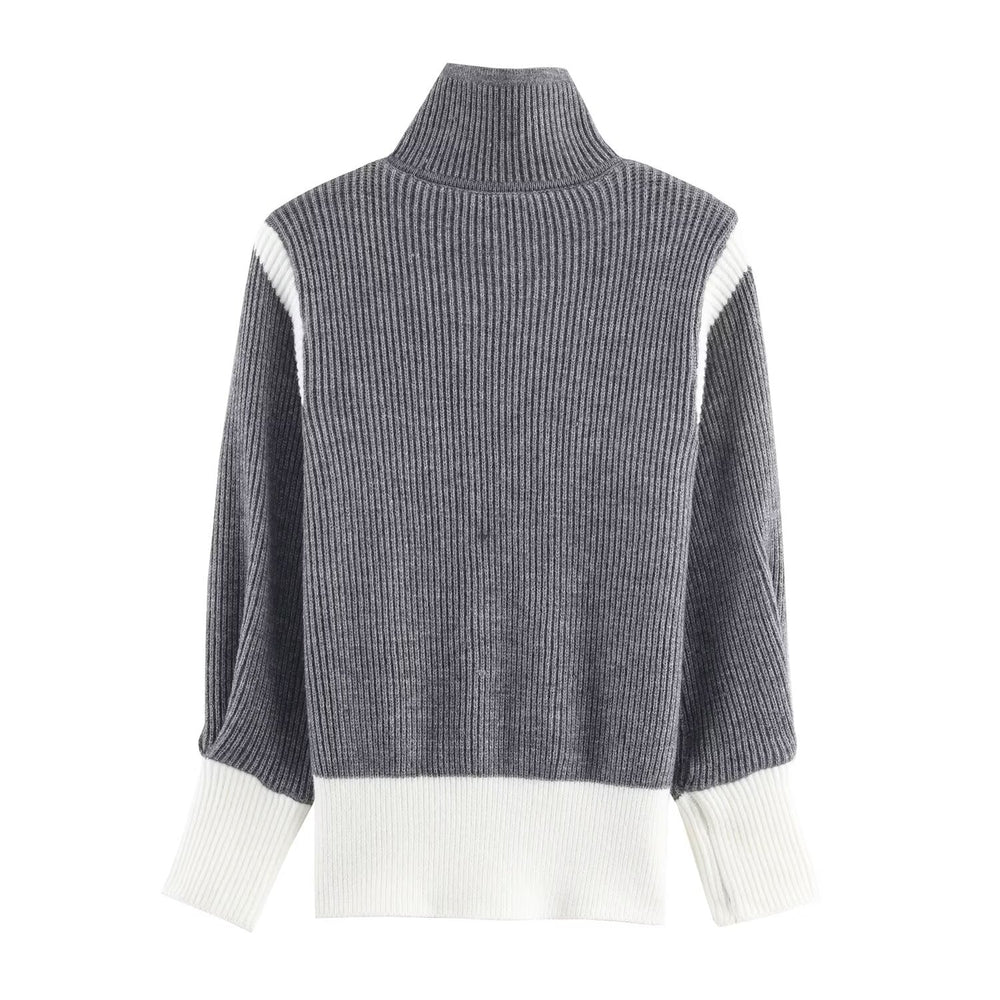 Autumn Women Casual Loose All Matching Color Stitching Knitted Cardigan