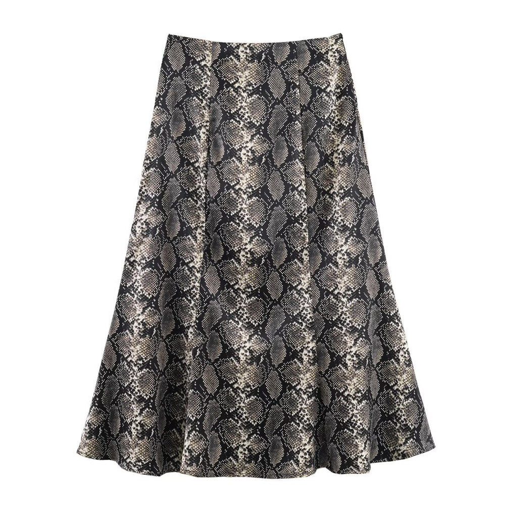 Women Clothing Autumn Holiday Printed Silk Satin Midi Skirt