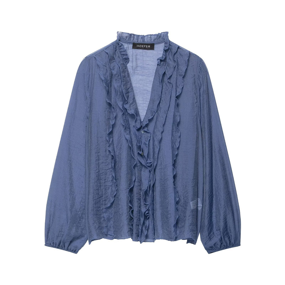 Women Clothing Autumn Laminated Decoration Long Sleeve Shirt