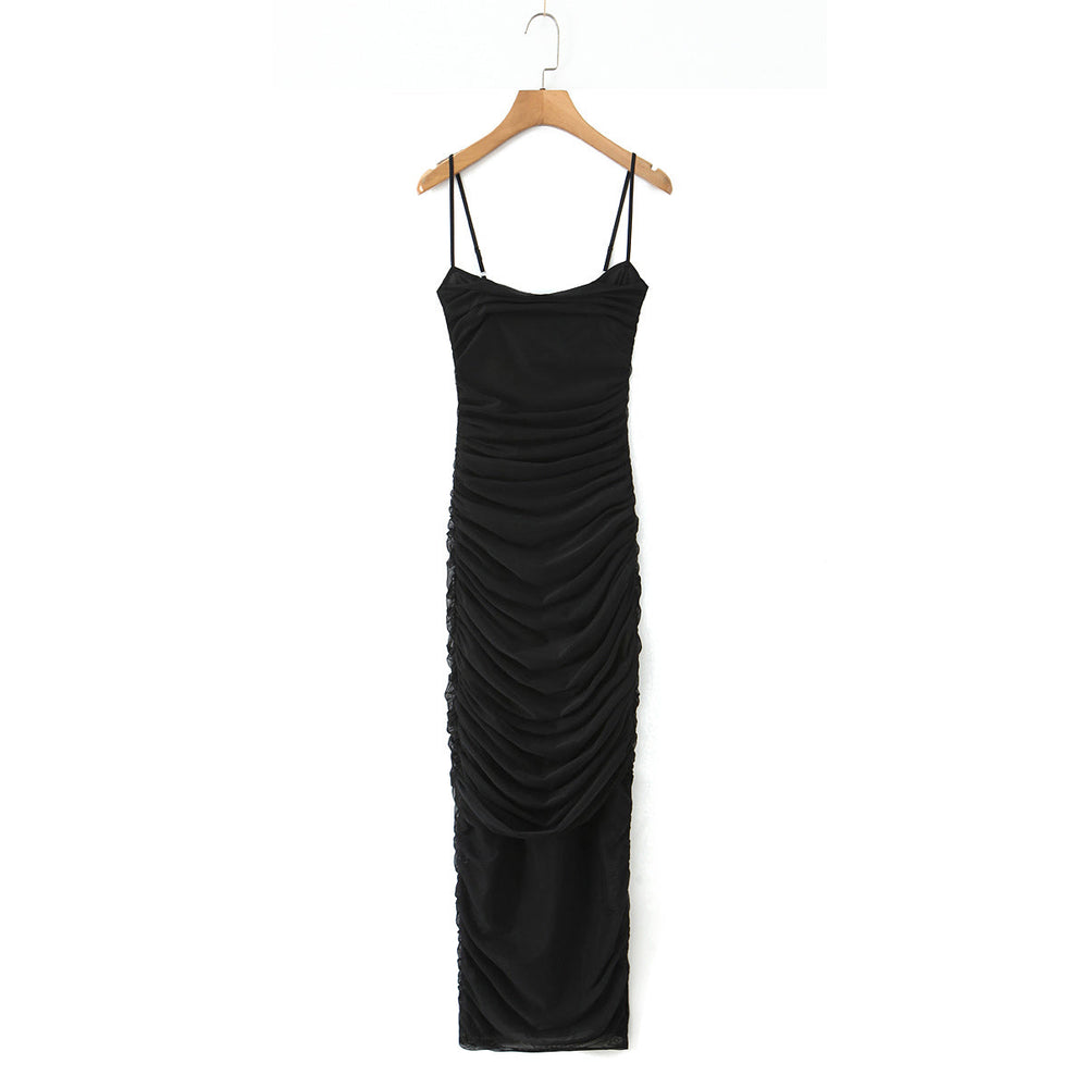 Sexy Stretch Mesh Ruched Maxi Dress Dress Tight Waist Slim Fit Sheath Cami Dress