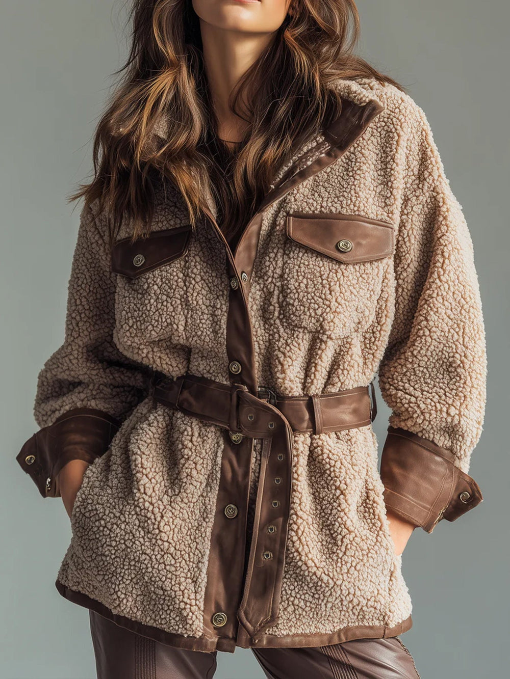 Autumn Winter Women Clothing Thickened Lamb Buy Stitching Faux Leather Pocket Leather Belt Retro Coat