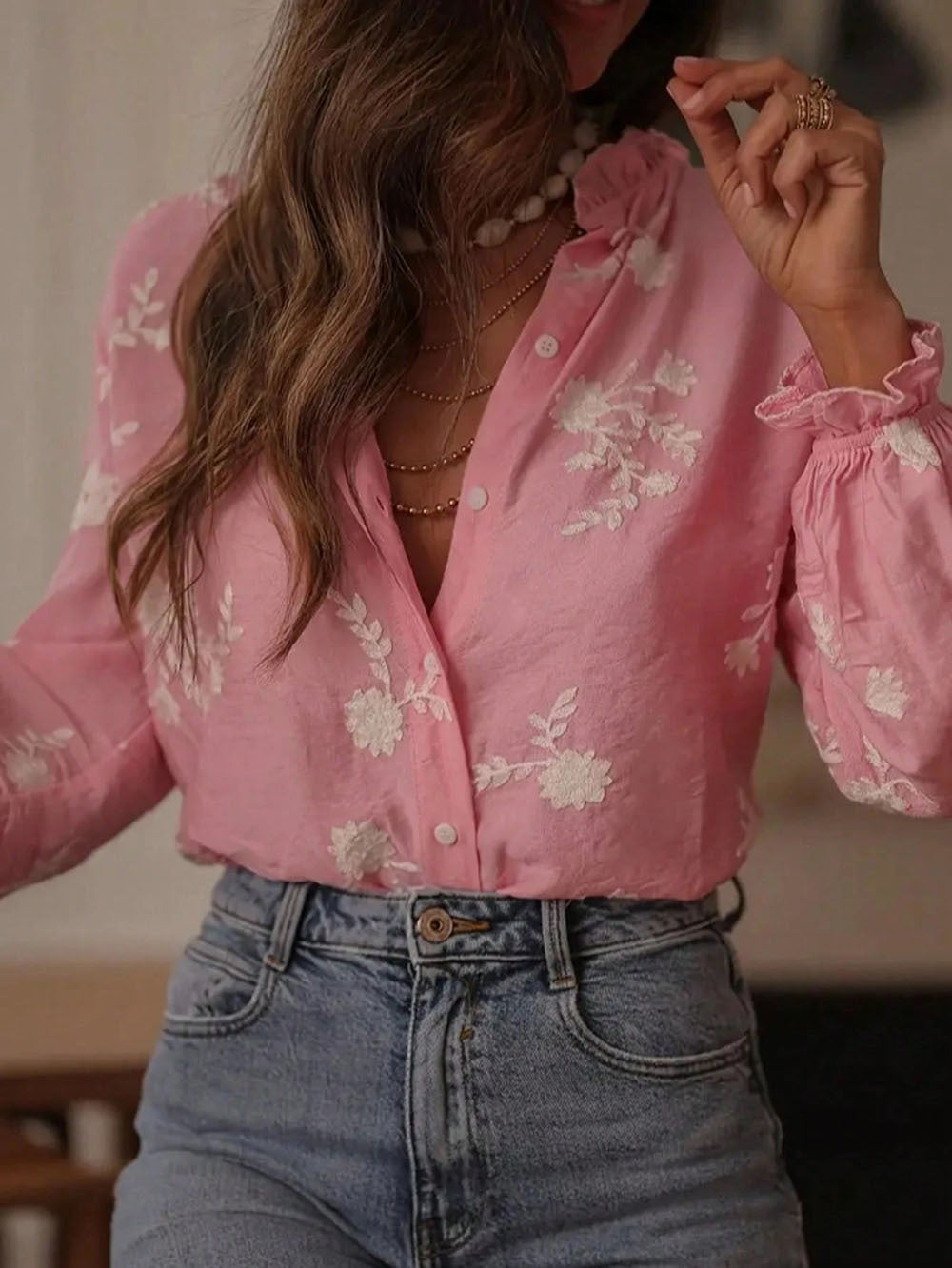 Popular Spring Autumn Women Cardigan Puff Sleeve Wooden Ear Collar Embroidered Casual Shirt Top