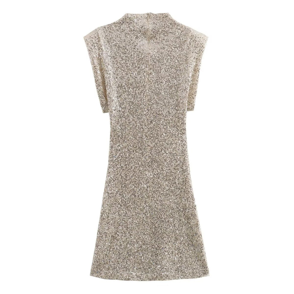 Summer Sweet Fresh Elegant Vacation Padded Shoulder Sequ Dress
