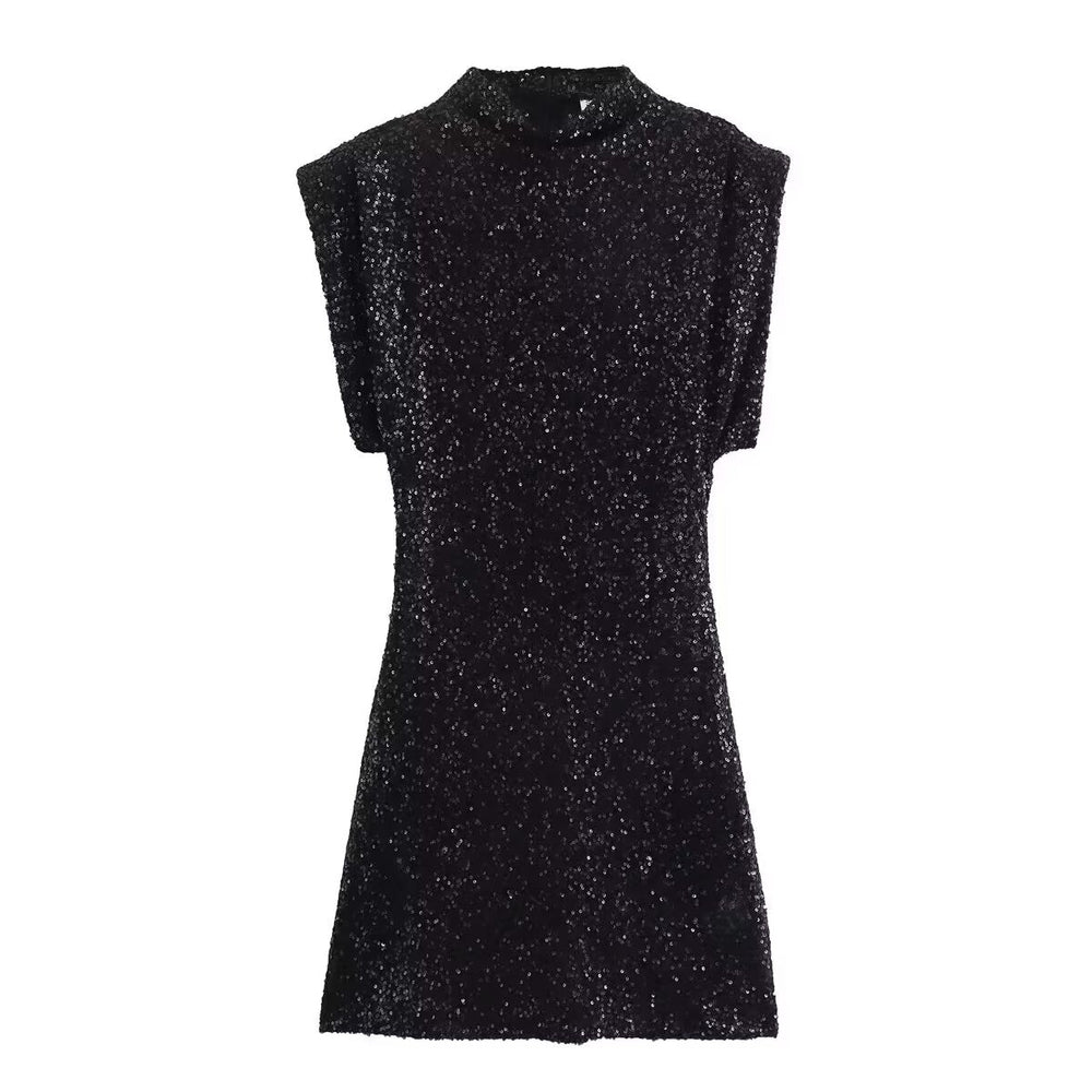 Summer Sweet Fresh Elegant Vacation Padded Shoulder Sequ Dress