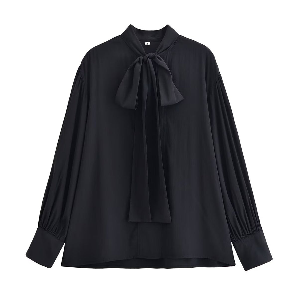 Women Clothing Winter Shirt Loose Bow Decoration Drape Shirt
