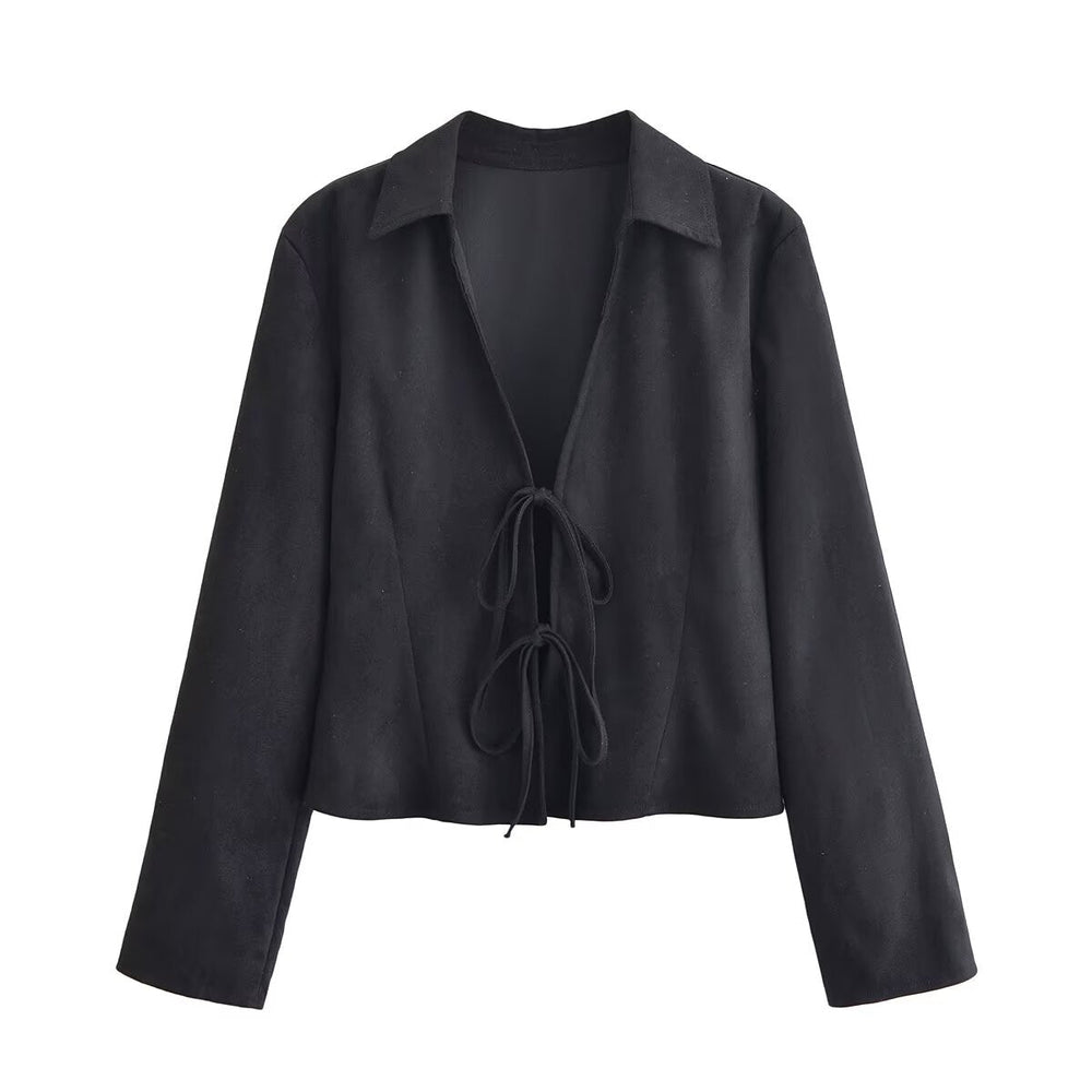 Women Clothing Winter Graceful Fashionable Suede Effect Long Sleeve Lace up Shirt
