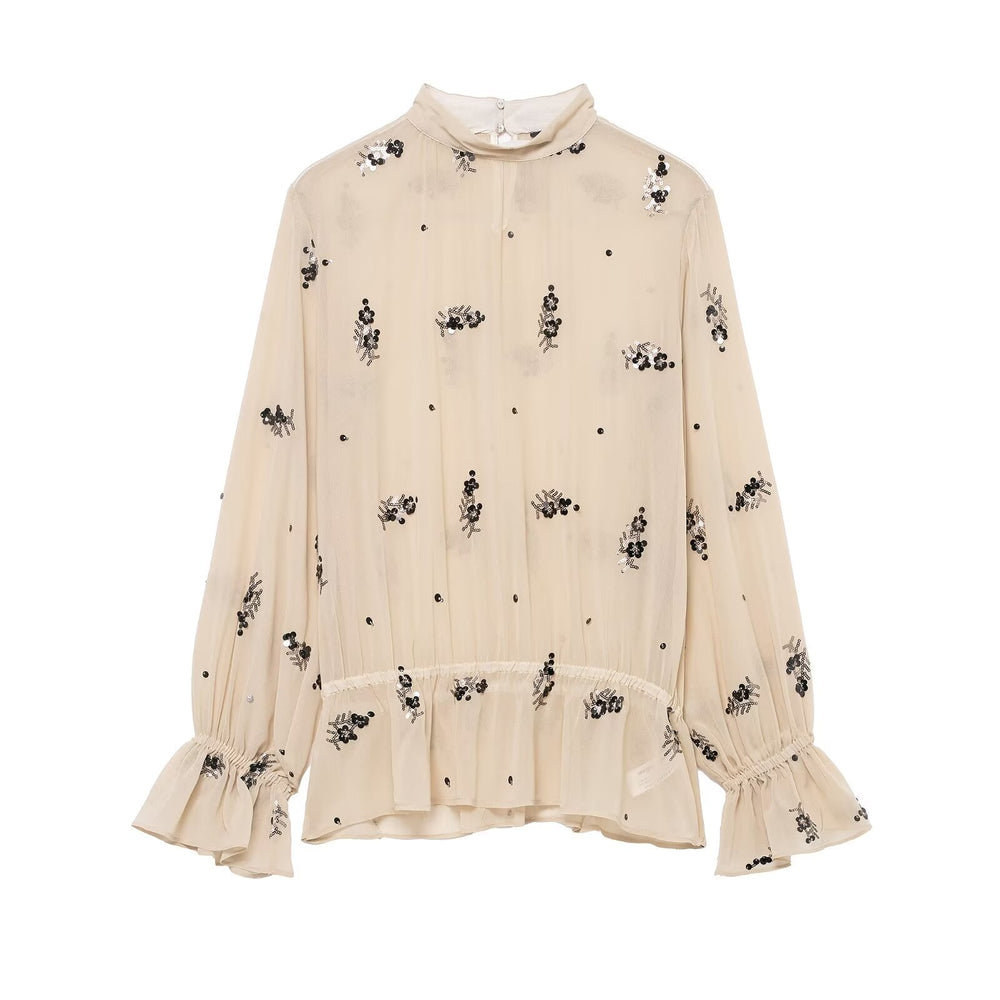 Winter Fashionable Temperamental All Match Sequin Translucent Shirt