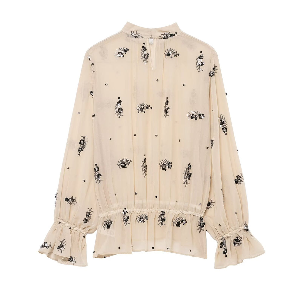 Winter Fashionable Temperamental All Match Sequin Translucent Shirt