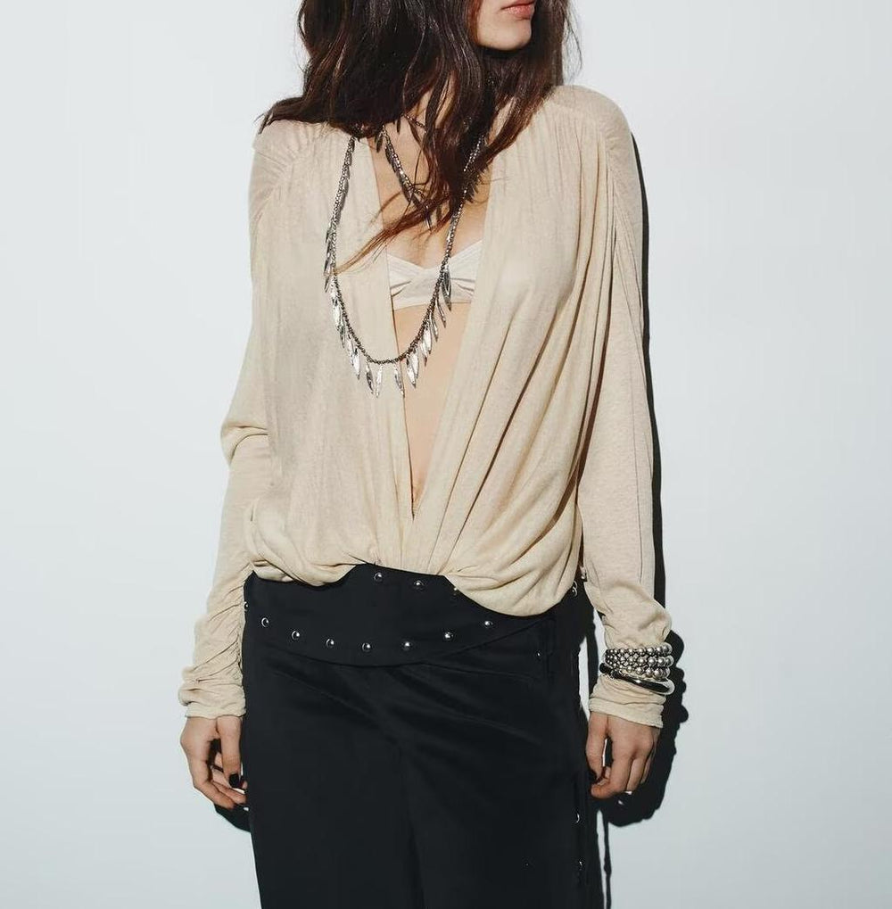 Women Clothing Winter Deep V Plunge neck Slimming Pleated Long Sleeved T shirt Top