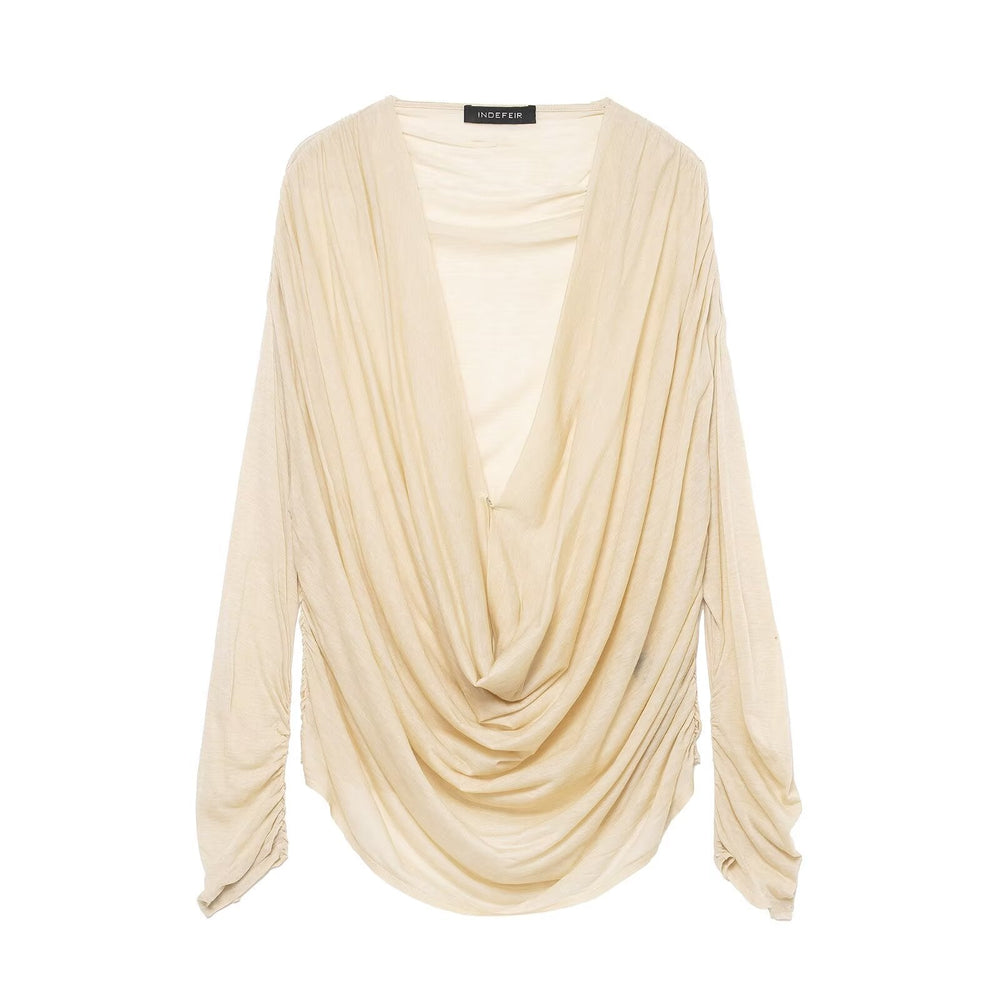 Women Clothing Winter Deep V Plunge neck Slimming Pleated Long Sleeved T shirt Top
