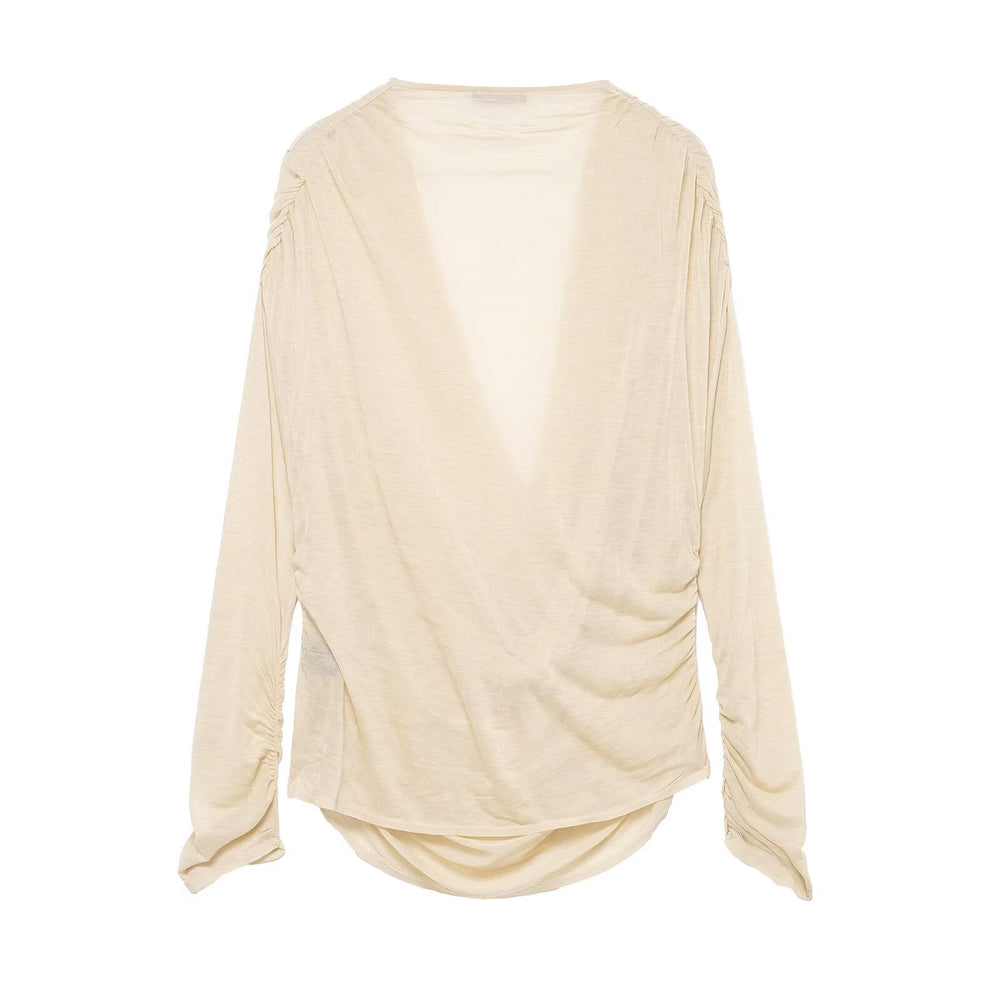 Women Clothing Winter Deep V Plunge neck Slimming Pleated Long Sleeved T shirt Top