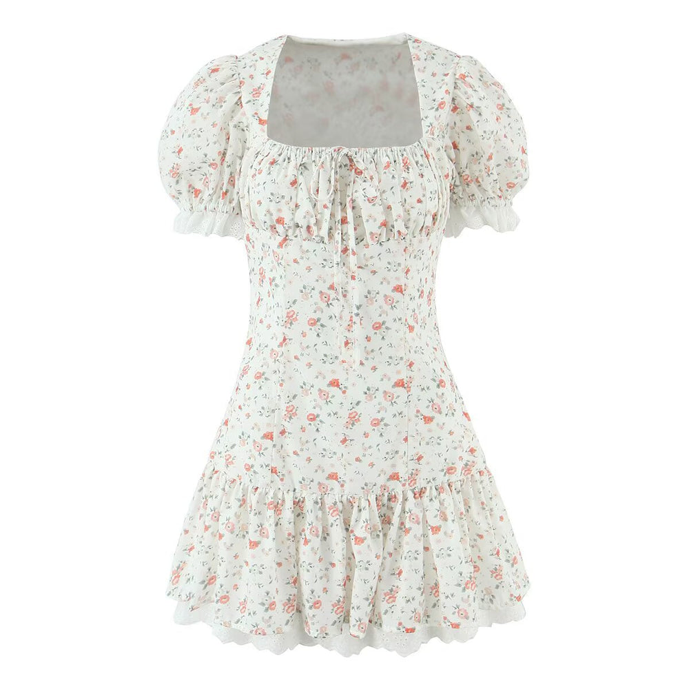 Autumn Gentle Sweet Floral Lace Stitching Printing Dress Tight Waist Puff Sleeve Super Fairy Princess Dress