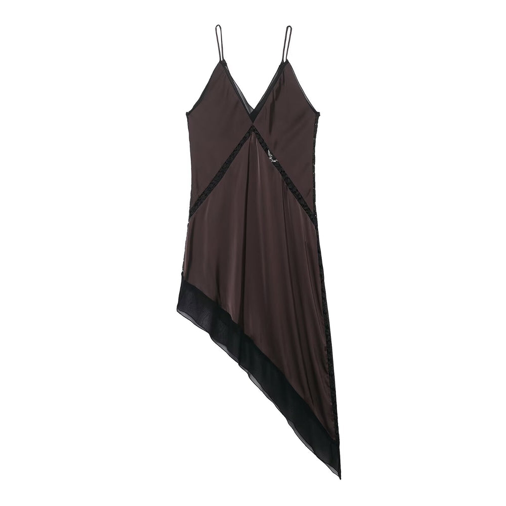 Graceful Satin Asymmetric V neck Strap Midi Dress