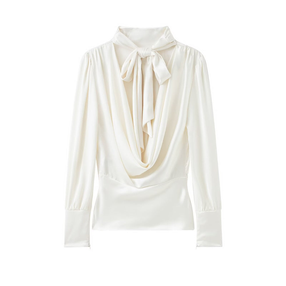 Women Clothing Top Product Silk Satin Texture Bowknot Decoration Backless Shirt