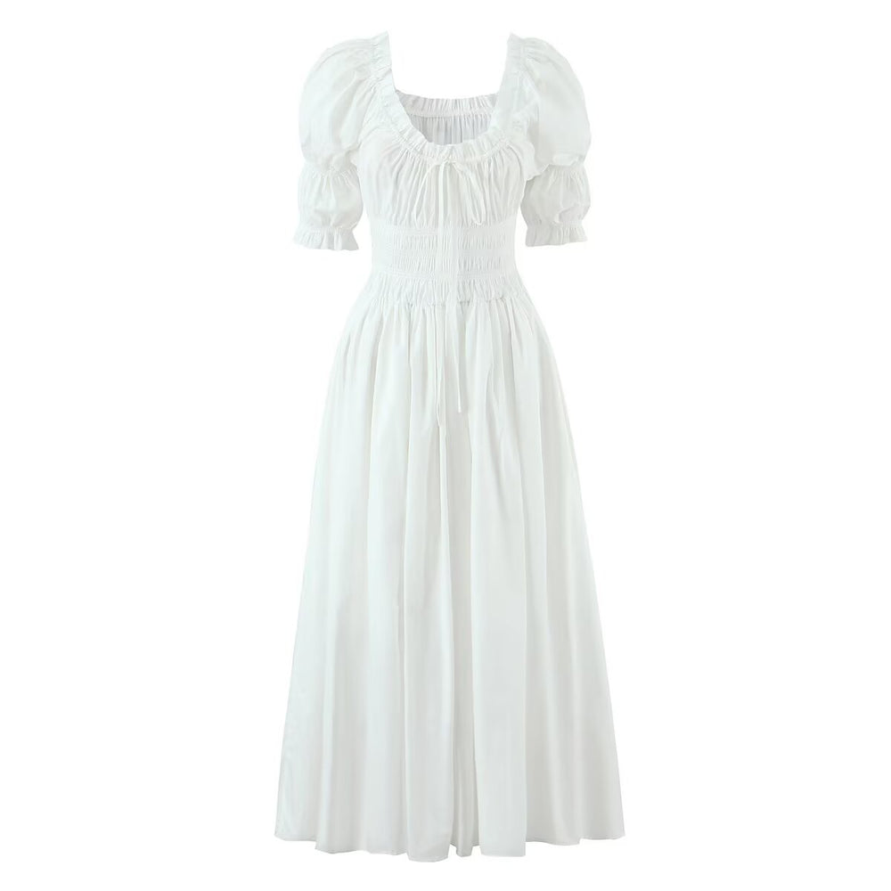 Winter French round Neck Puff Sleeve Chest Lace up Waist Trimming Short Sleeved Stretch Dress Large Swing