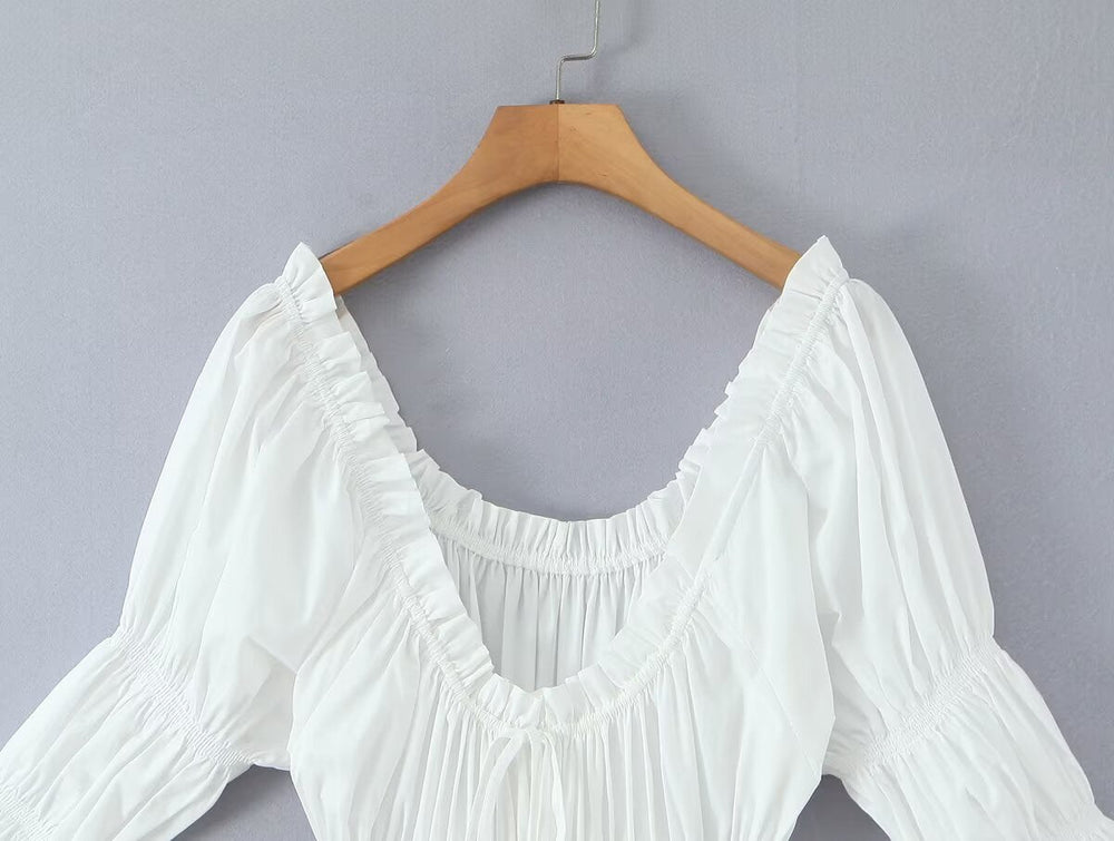Winter French round Neck Puff Sleeve Chest Lace up Waist Trimming Short Sleeved Stretch Dress Large Swing