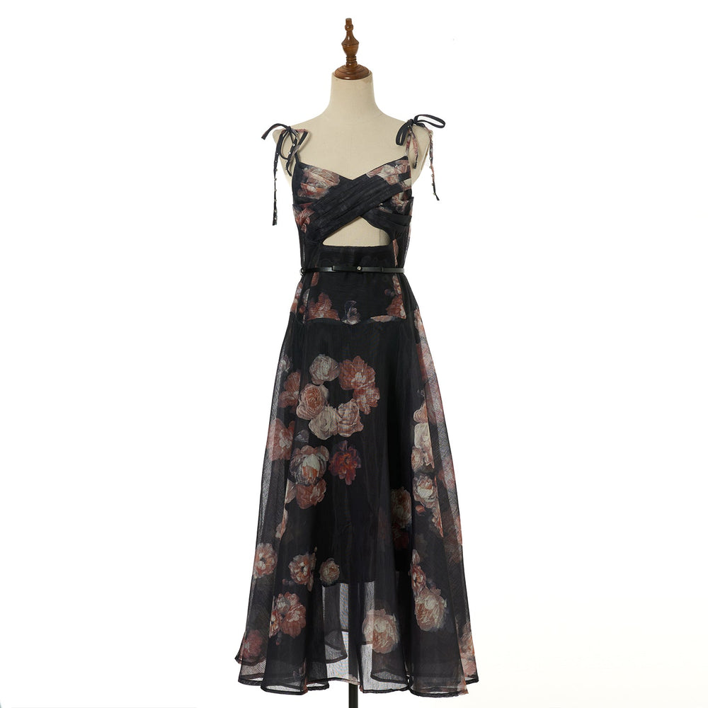Women Vacation Silk Corded Halter Top With Openwork Design Long Dress Featuring Large Diamond Embellishments