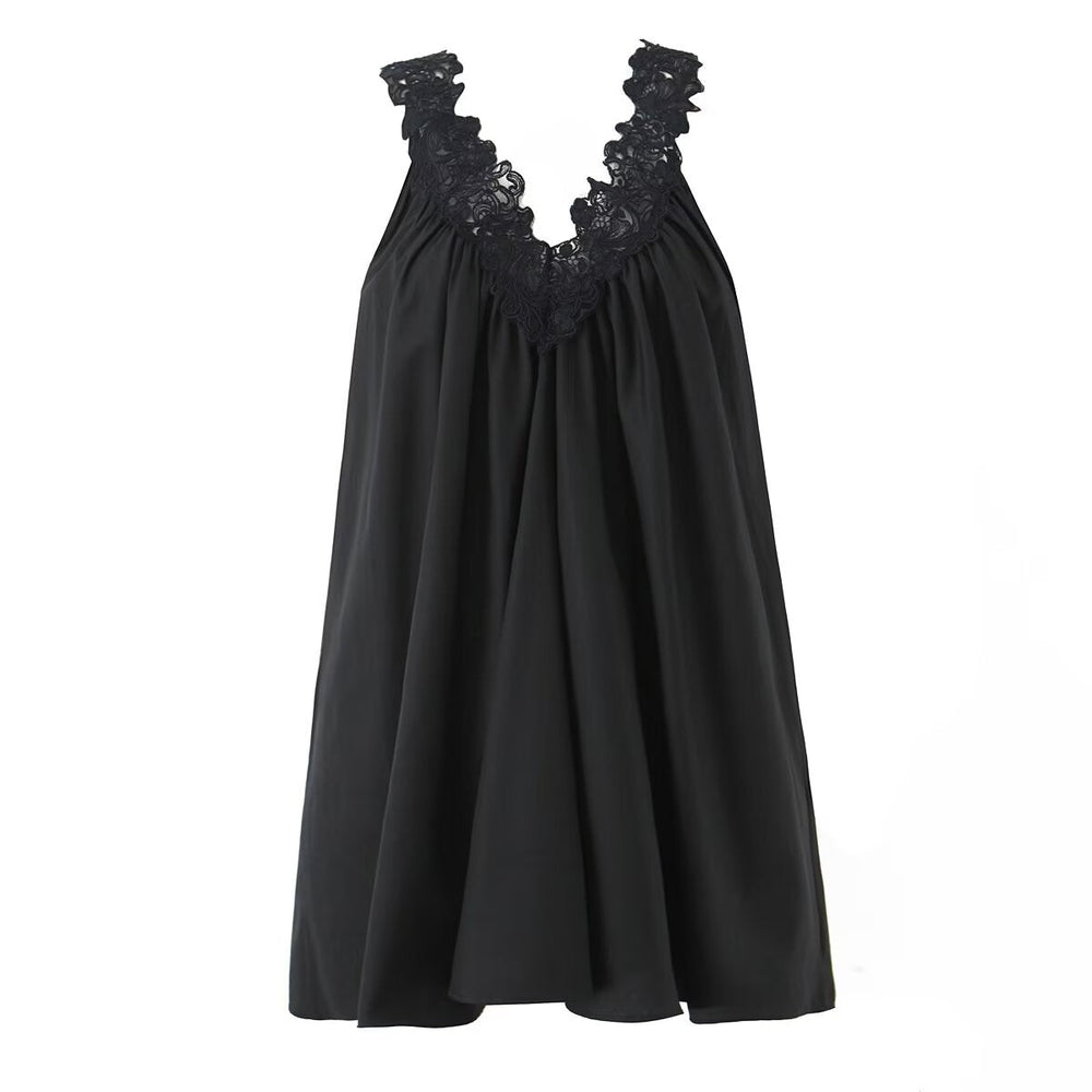 Sexy V neck Sleeveless Lace Stitching Ruffle Design Dress