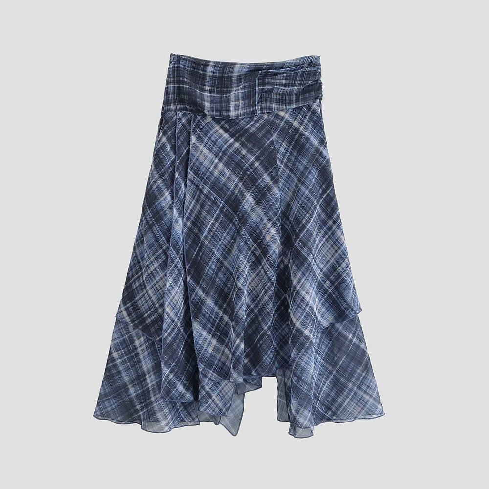 Women Clothing Autumn Beautiful Mid Waist Asymmetric Plaid Irregular Asymmetric Skirt Women