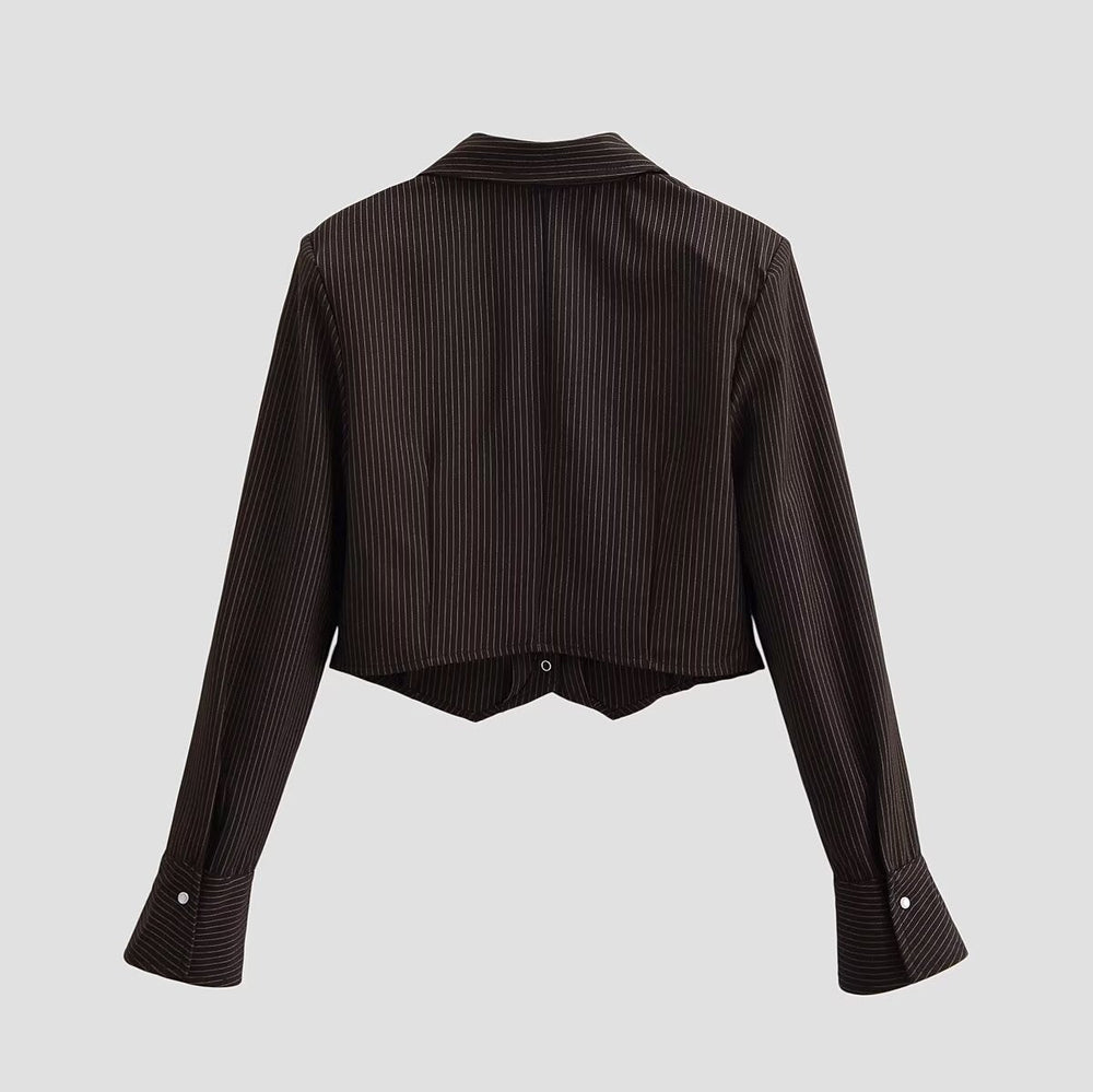 Women Clothing Western Short Striped Padded Shoulder Shacket