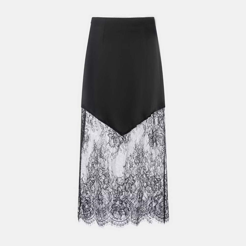 Women Clothing Winter Sexy See through Lace Stitching High Waist Skirt Long Skirt