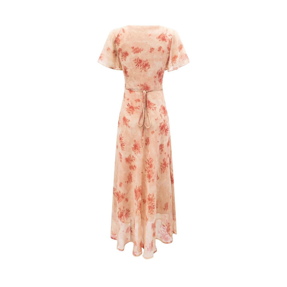Women Clothing Elegant Pink Floral V neck Pullover Dress Women Waist Controlled Slimming Dress