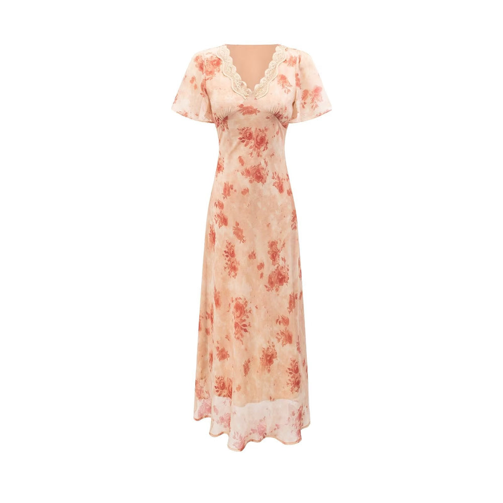 Women Clothing Elegant Pink Floral V neck Pullover Dress Women Waist Controlled Slimming Dress
