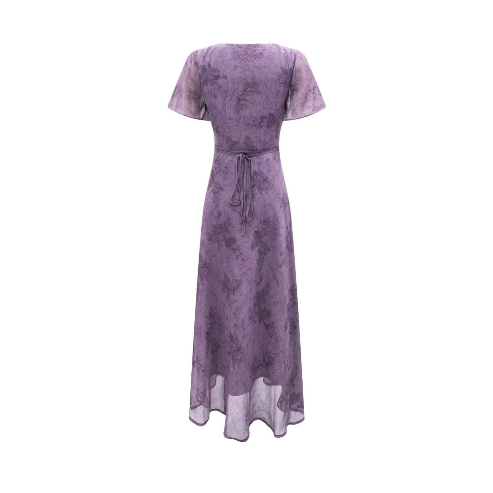 Elegant Slimming V Neckline Pullover Lace Stitching Design Dress Lace up Waist Tight Purple Dress