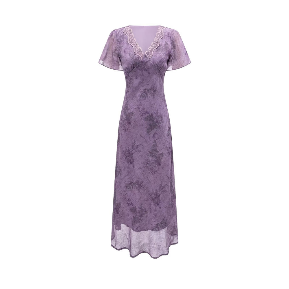 Elegant Slimming V Neckline Pullover Lace Stitching Design Dress Lace up Waist Tight Purple Dress