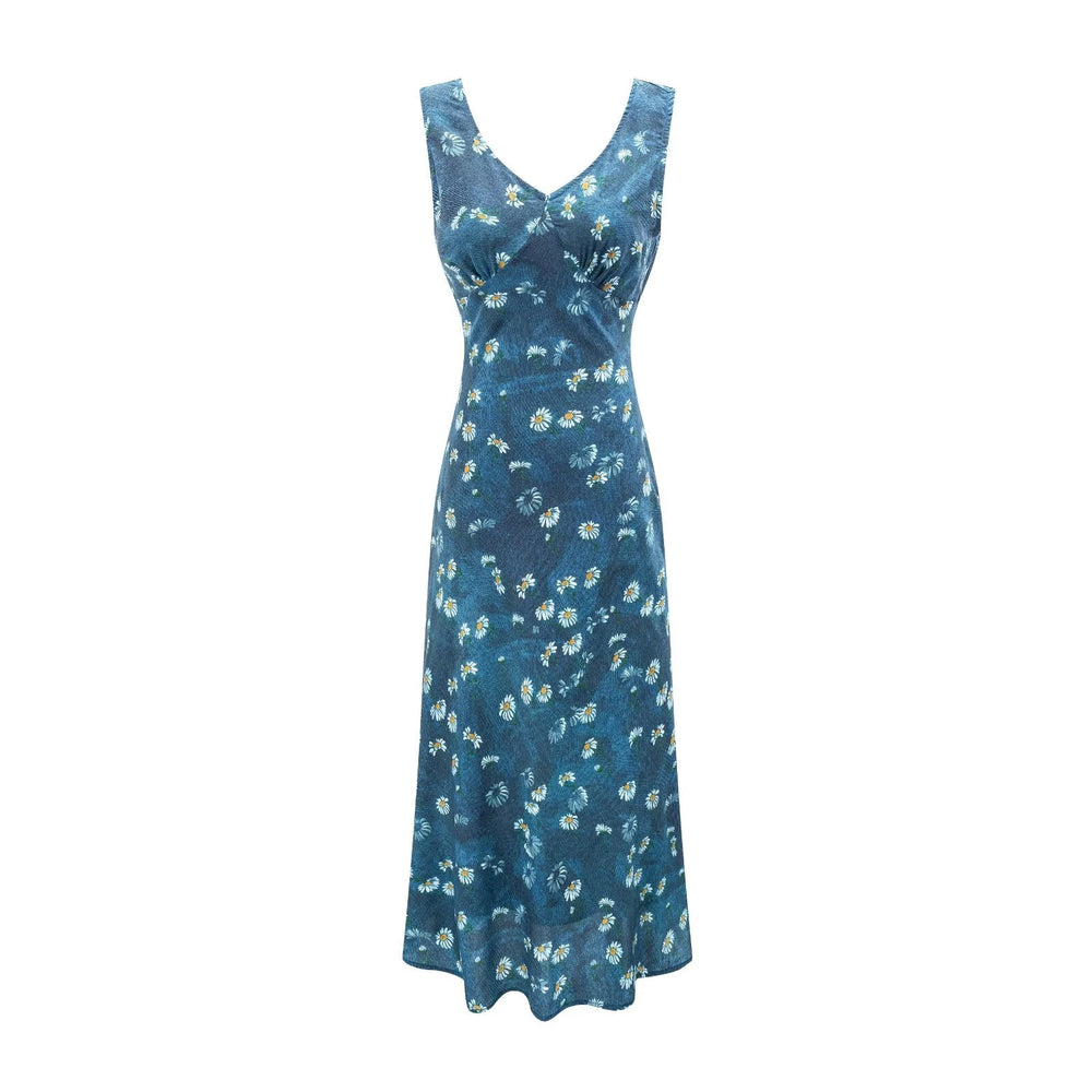 Winter Retro Printed Sexy V neck Lace up Tight Waist Blue Background Printed Dress