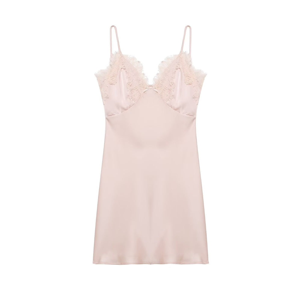 Early Spring Women Clothing Elegant Fashionable Slimming Silk Satin Lace Stitching Cami Dress