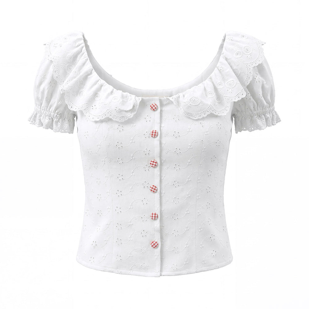 Lace Collar Niche Bubble Sleeve White Shirt Women Elegance Retro Single Breasted Hollow Out Cutout Embroidered Waist Tight Sexy Small Top