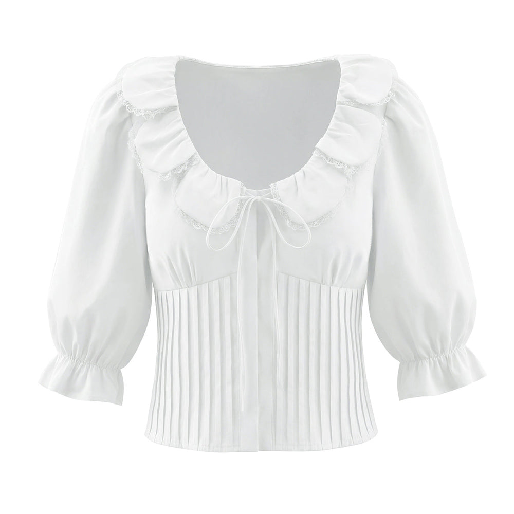 French Sweet Design Petal Scoop Lace Stitching Ruffle Slim Shirt Solid Color Tied Top