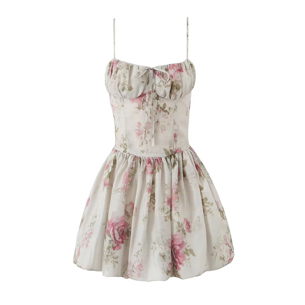 French Floral Strap Dress for Women Summer Sexy Holiday Slim Fit Slimming Cinched Short Dress