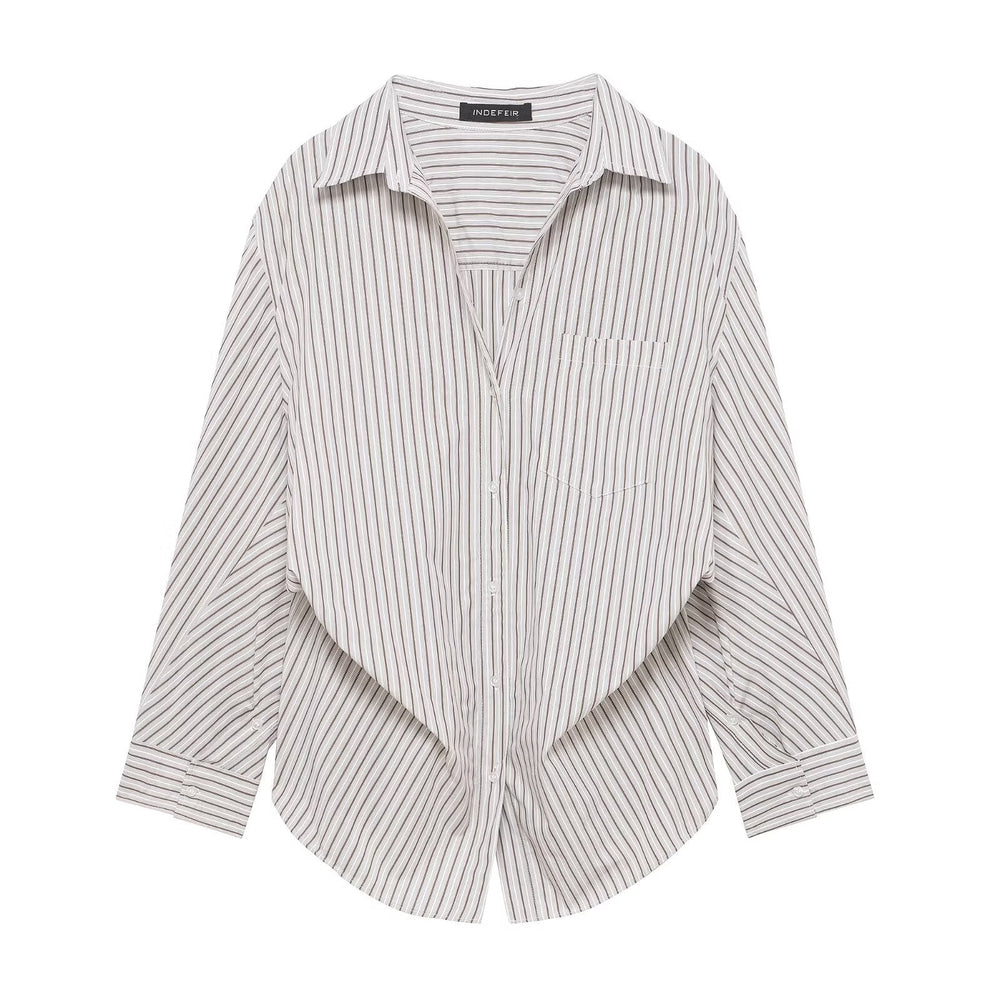 Women Clothing Patchwork Striped Poplin Loose Collared Long Sleeves Shirt