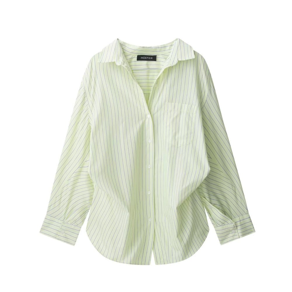Women Clothing Patchwork Striped Poplin Loose Collared Long Sleeves Shirt