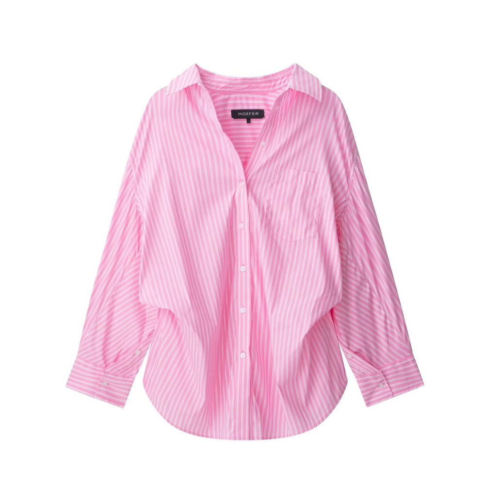 Women Clothing Patchwork Striped Poplin Loose Collared Long Sleeves Shirt