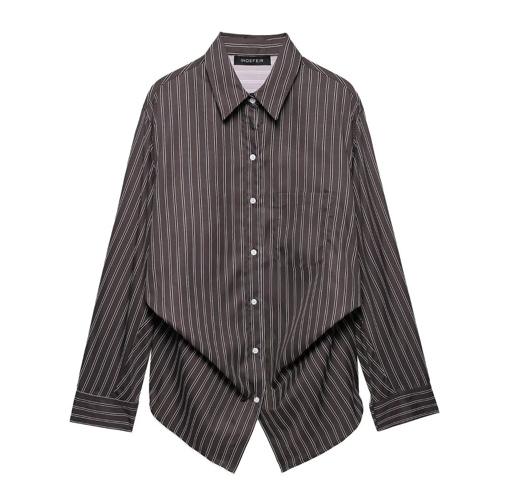 Women Clothing Patchwork Striped Poplin Loose Collared Long Sleeves Shirt