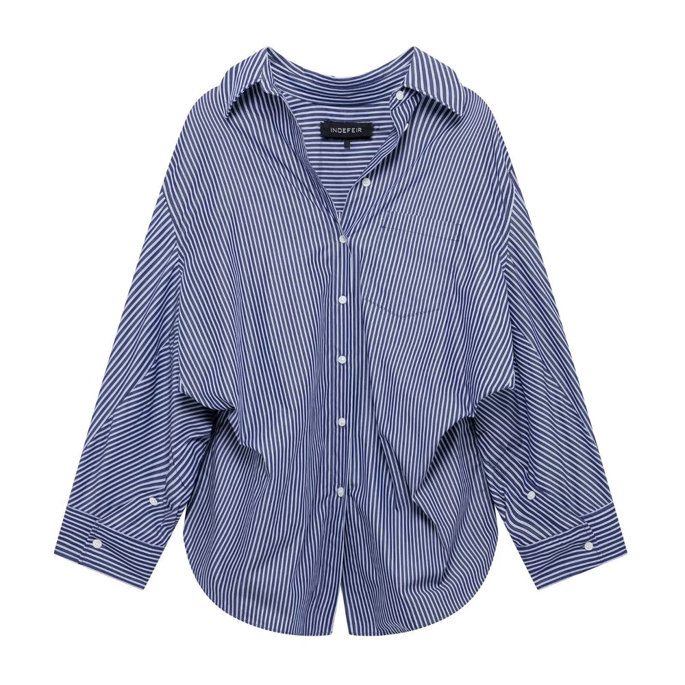Women Clothing Patchwork Striped Poplin Loose Collared Long Sleeves Shirt