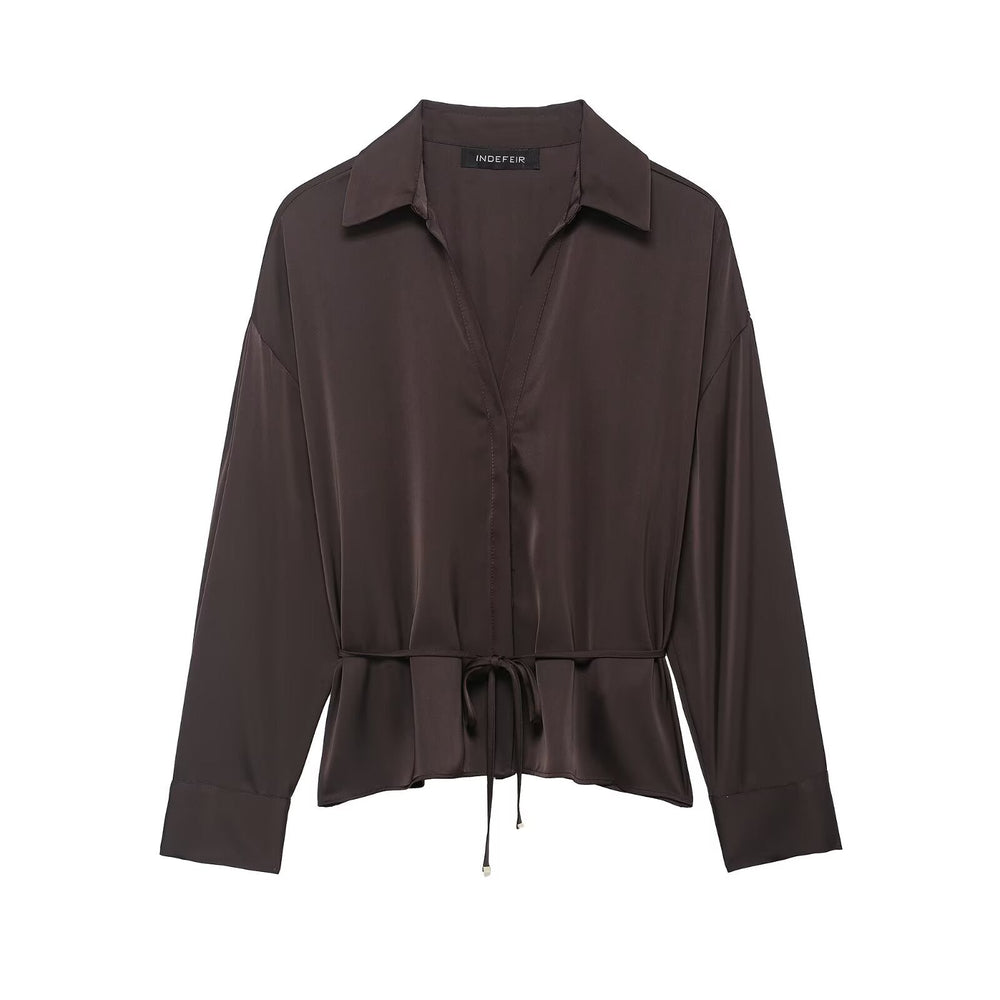 Women Clothing Summer All Matching with Belt Silk Satin Textured Shirt