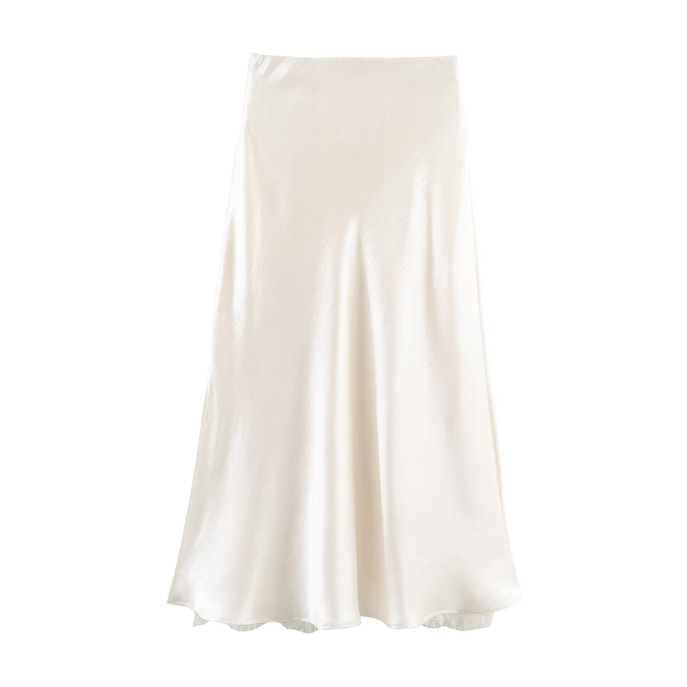 Satin Acetate Lace Patchwork Slit Skirt Long Skirt