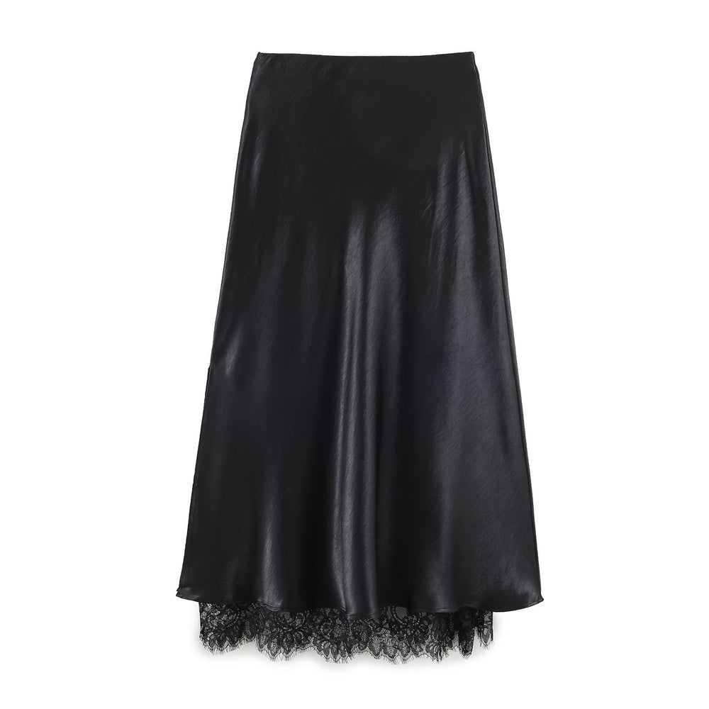 Satin Acetate Lace Patchwork Slit Skirt Long Skirt