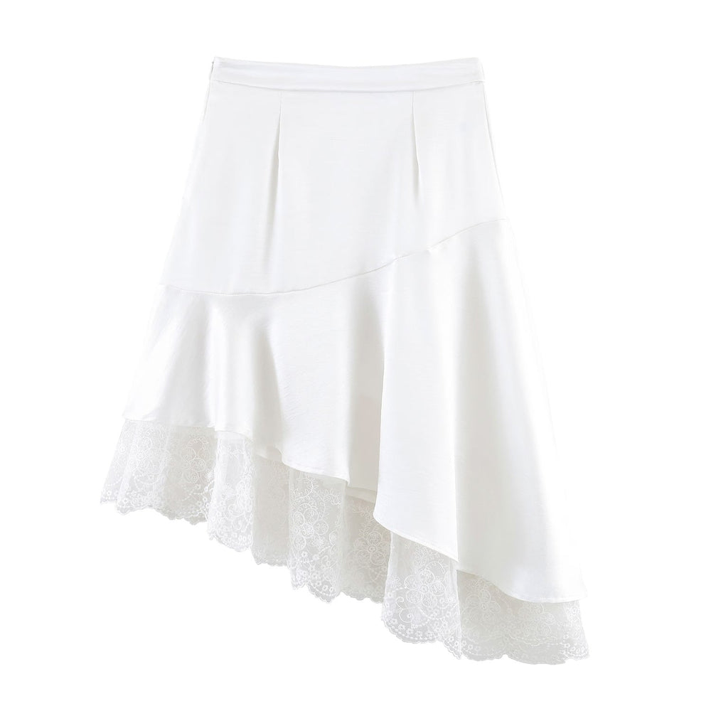 Fashionable Satin Lace Irregular Asymmetric Elegant Stitching Hem Skirt